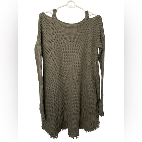 Free People Olive Green Moonshine Sweater Waffle Knit Cold Shoulder - Picture 3 of 9